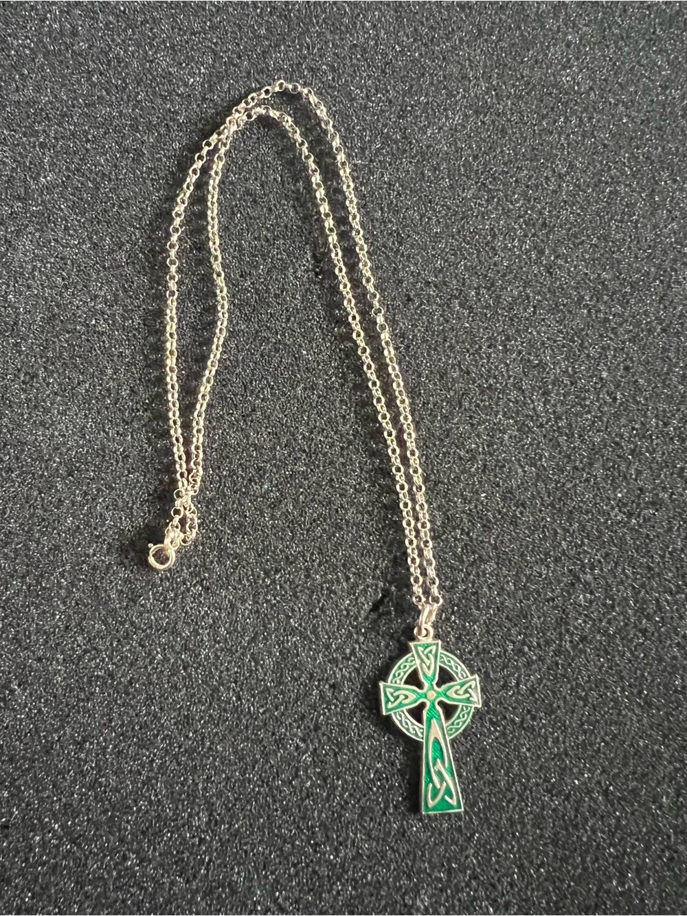 JMH Green Enameled Celtic Cross Sterling Silver Irish 925 Pendant Necklace 16”